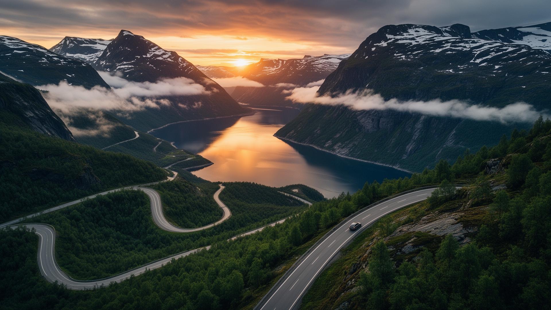 Slynget vei gjennom norsk fjordlandskap i solnedgang